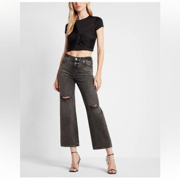 Express Mid Rise Black Ripped 90s Ankle Boot Jeans 8 - Picture 1 of 8